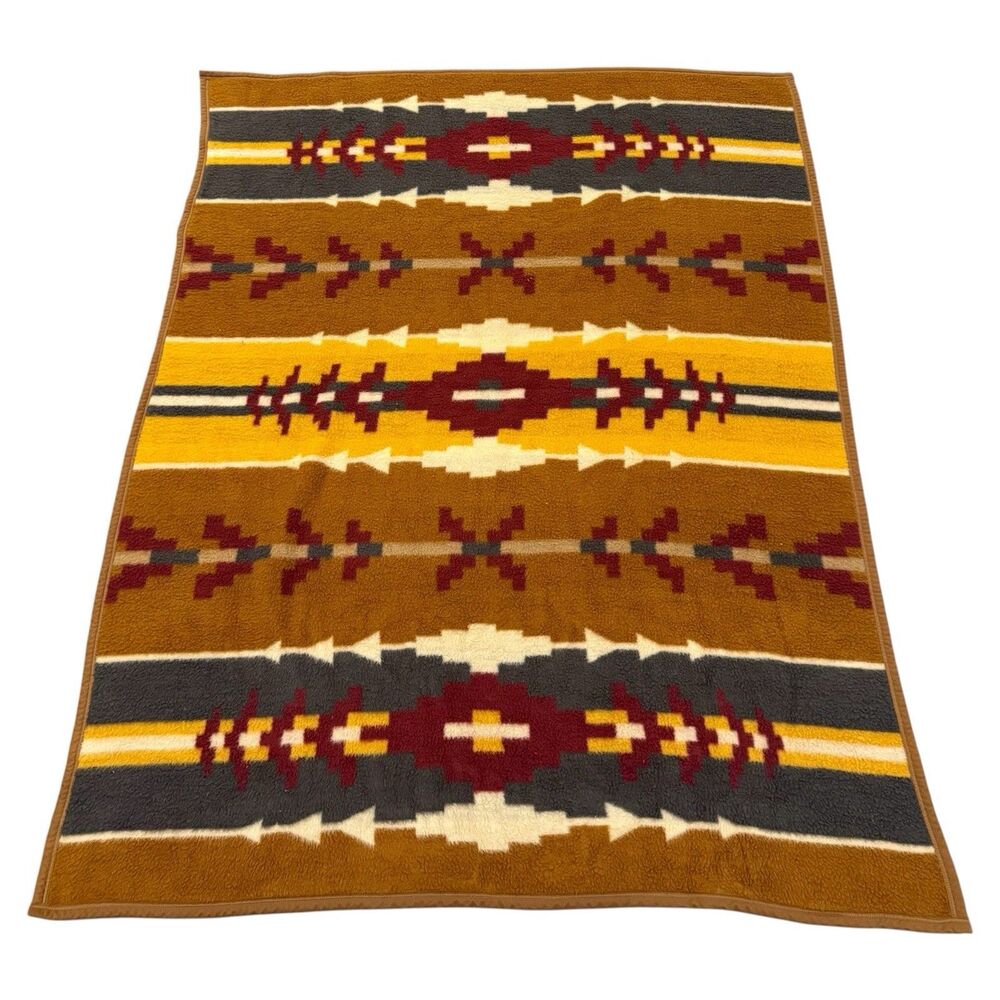 Vintage Biederlack Blanket Aztec Southwestern Reversible Fleece Throw 73x56 USA